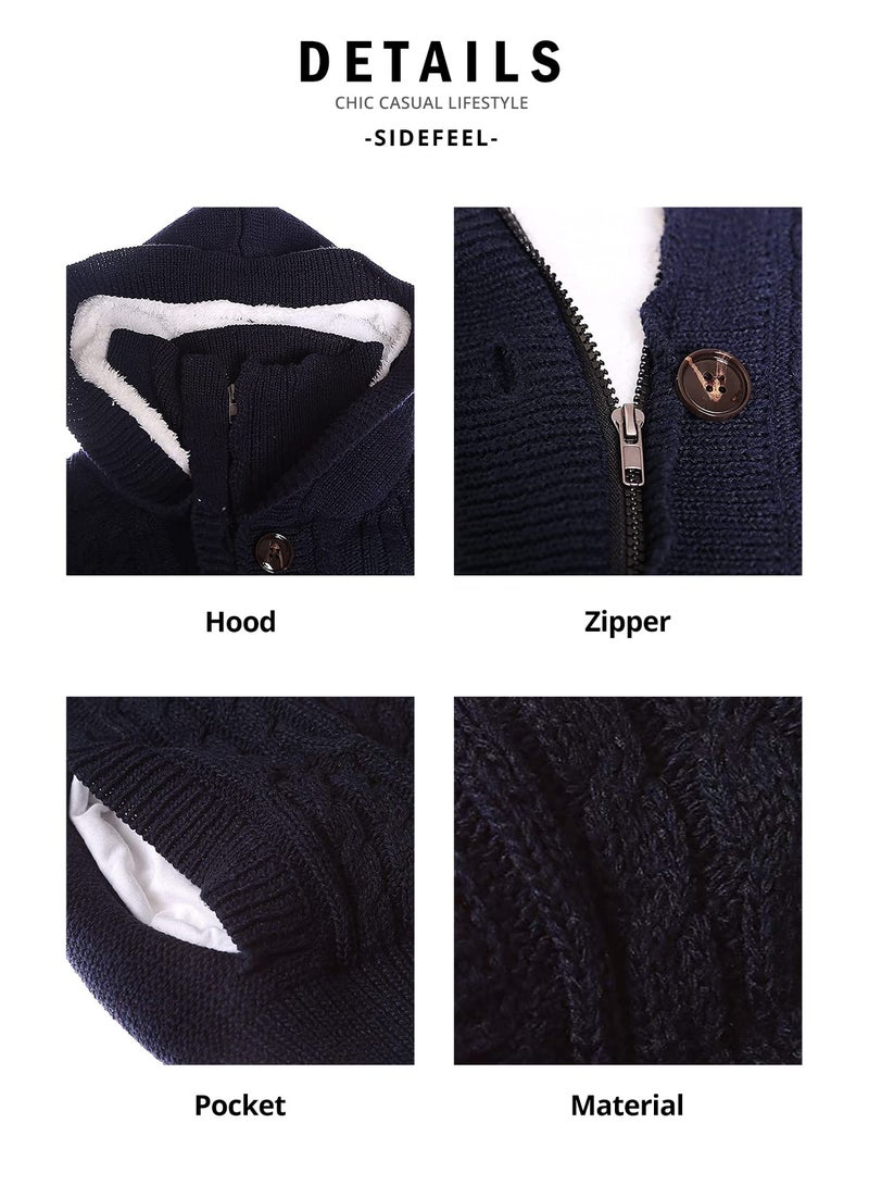 Sidefeel Women's Cardigan Hooded Fleece Lined Jackets Winter Cable Knit Sweater Coat Large Navy - Image 5